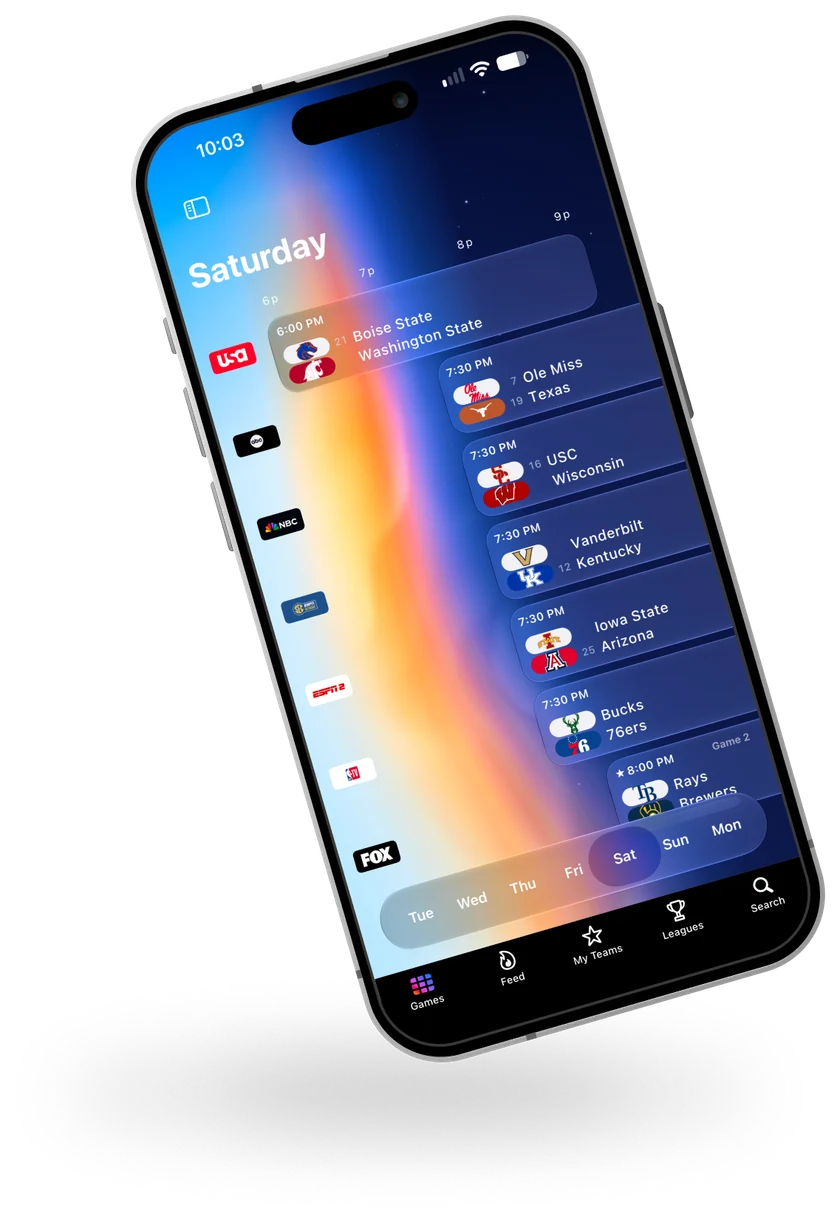 Shine Sports on iPhone: Saturday’s games laid out on a timeline by channel, over a sunset sky